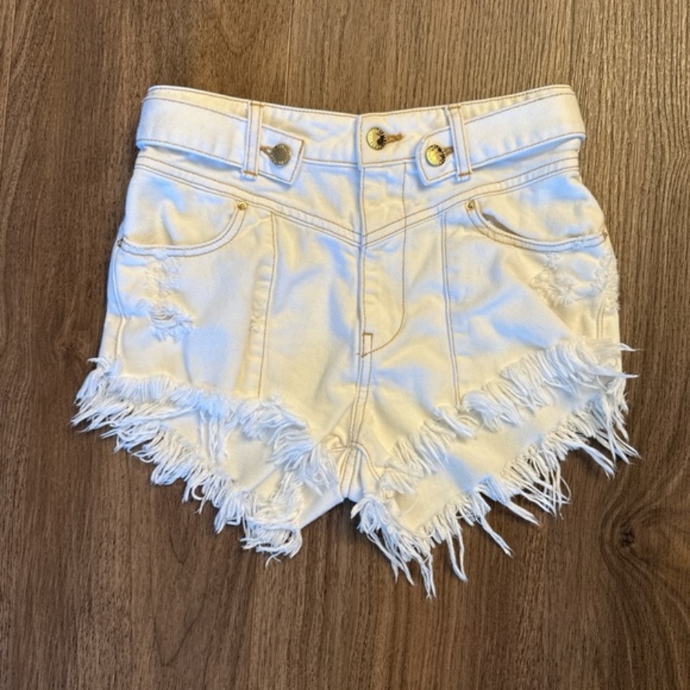 Retrofete Tessa High-Waist White Frayed Denim Shorts size 25